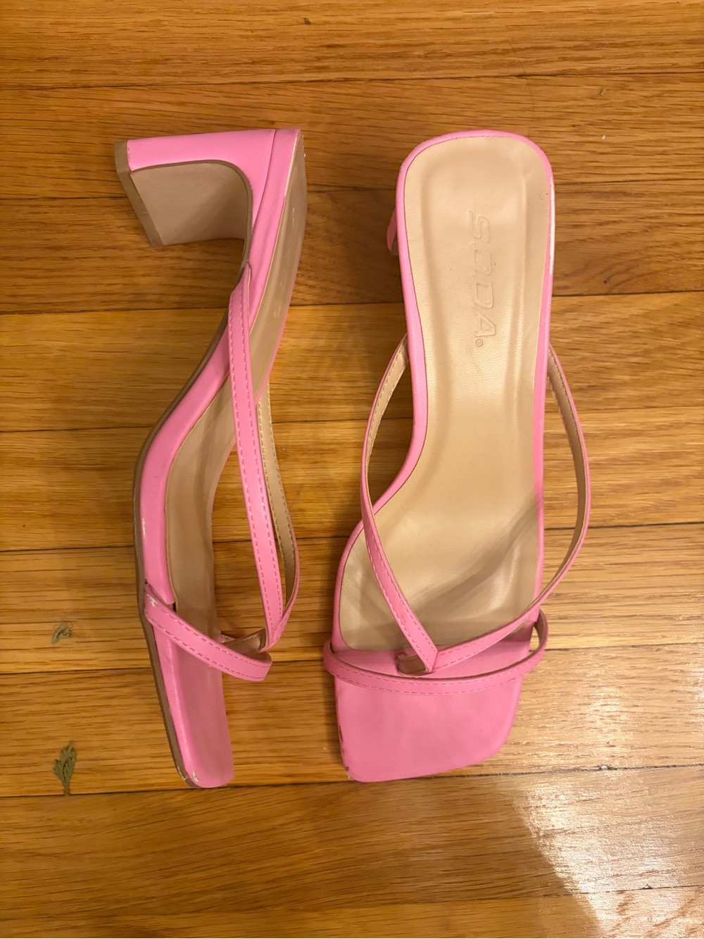 Pink Square Toe Strappy Sculptural Block Heel Sandals